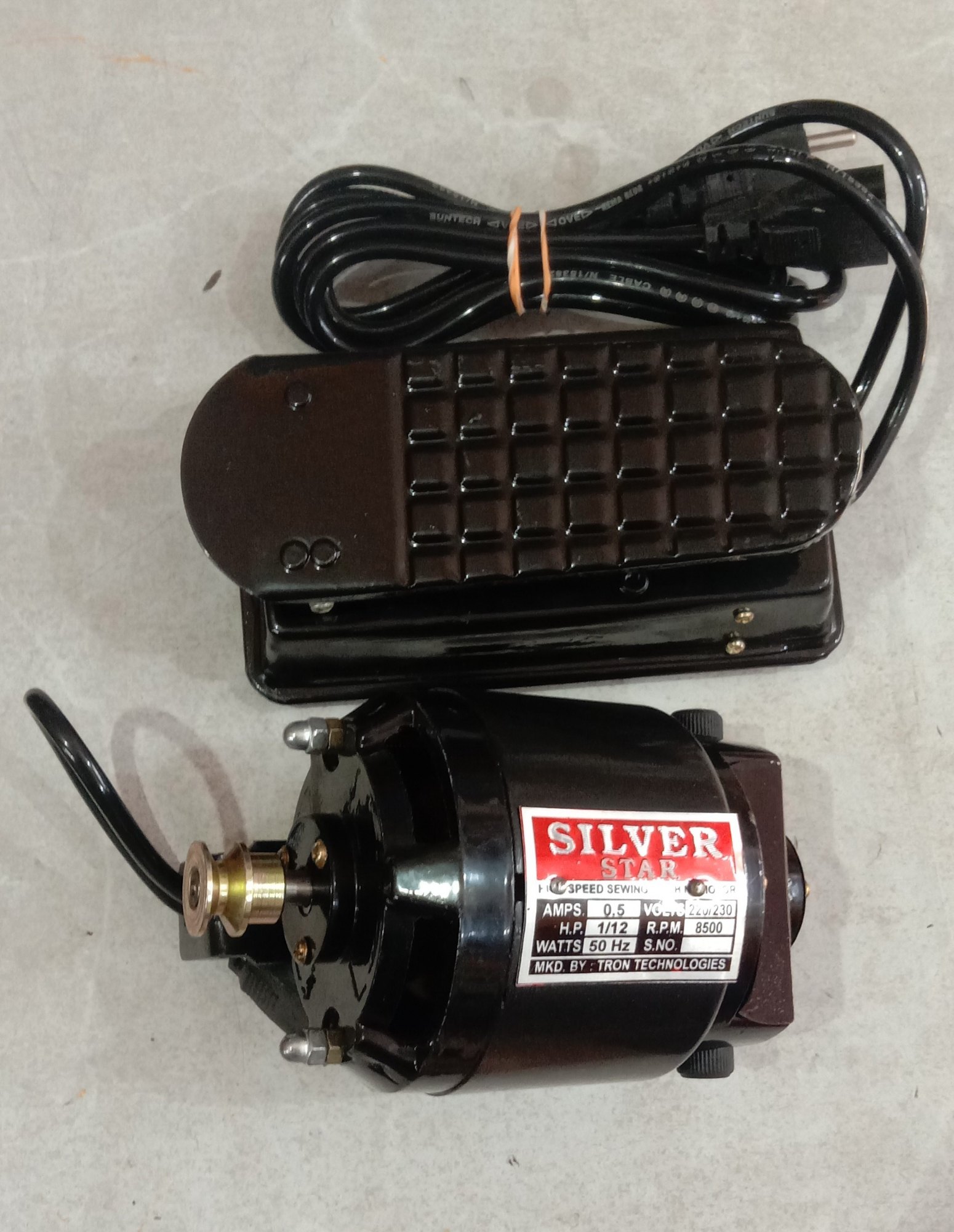 Silver Star sewing machine motor with black foot pedal speed controller and power cable for high-speed stitching operations