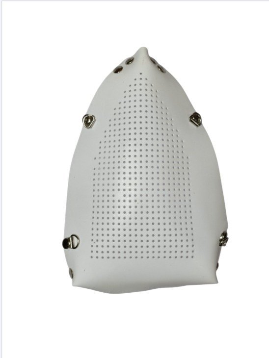 White industrial steam iron shoe cover with perforated holes and metal clips for fabric protection during ironing